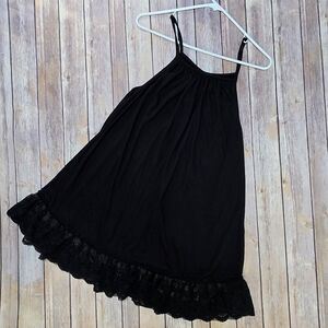 Black Strappy Long Shirt with Lace Hem